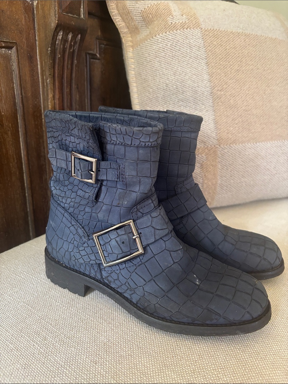 Jimmy Choo Black Croc-Embossed Buckle Ankle Boots